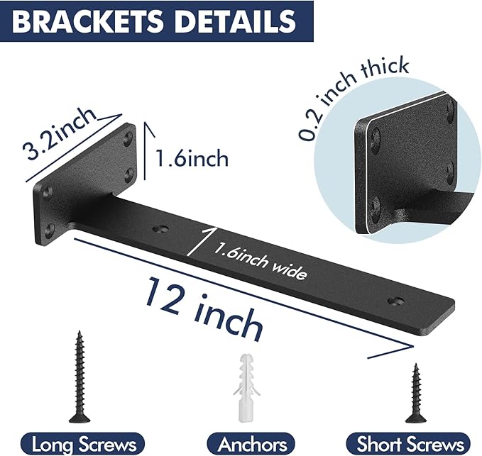 Starunder 4 Pack Floating Shelf Brackets,12 inch Heavy Duty Industrial Shelf Bracket, Black Metal L Brackets for Shelves Support DIY(1/5 Inch Thicked)