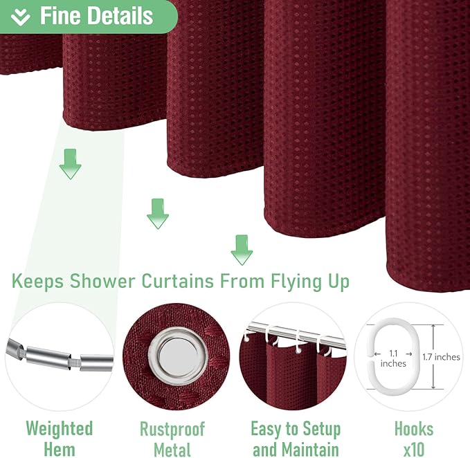 Dynamene Stall Shower Curtain - 60 inch Waffle Weave Heavy Duty Thick Fabric Shower Curtains for Bathroom, Weighted Hotel Spa Luxury Cloth Bath Curtain Set with 10 Plastic Hooks, 60x72, Burgundy