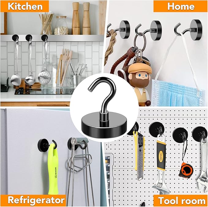MIKEDE Black Magnetic Hooks 120Lbs Heavy Duty Earth Magnets with Hooks for Cruise Cabin Strong Magnet Hooks for Hanging Super Metal Magnetic Hanger for Grill Fridge Kitchen - Pack of 4