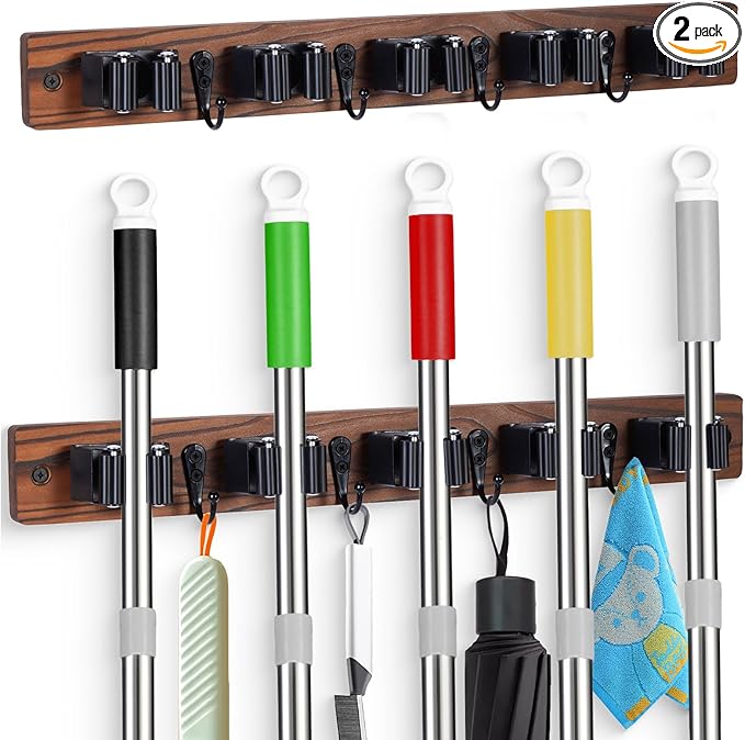 FunCee 2 PACK Broom Holder Wall Mount With 5 Slots & 4 Hooks,Rustic Wood Broom & Mop Hanger,Wall Mounted Garden & Garage Tool Storage Organizer Rack for Closet Laundry Room or Kitchen Wall Decor