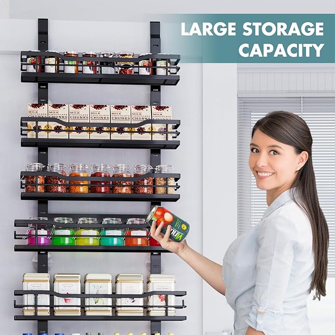 Over The Door Pantry Organizer,9-Tier Over The Door Organizer with Adjustable Basket,Metal Hanging Pantry Organizers and Storage for Kitchen, Back of Door Seasoning Rack (Black)
