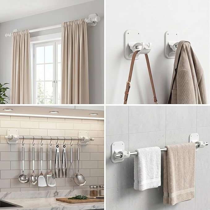 No Drill Curtain Rod Brackets - 20LB, 8 Pack Self Adhesive Curtain Rod Holder, Peel and Stick Wall Hooks, Renter Friendly Upgrades for Apartment, Kitchen, Bathroom, Dorm, Living Room and RV