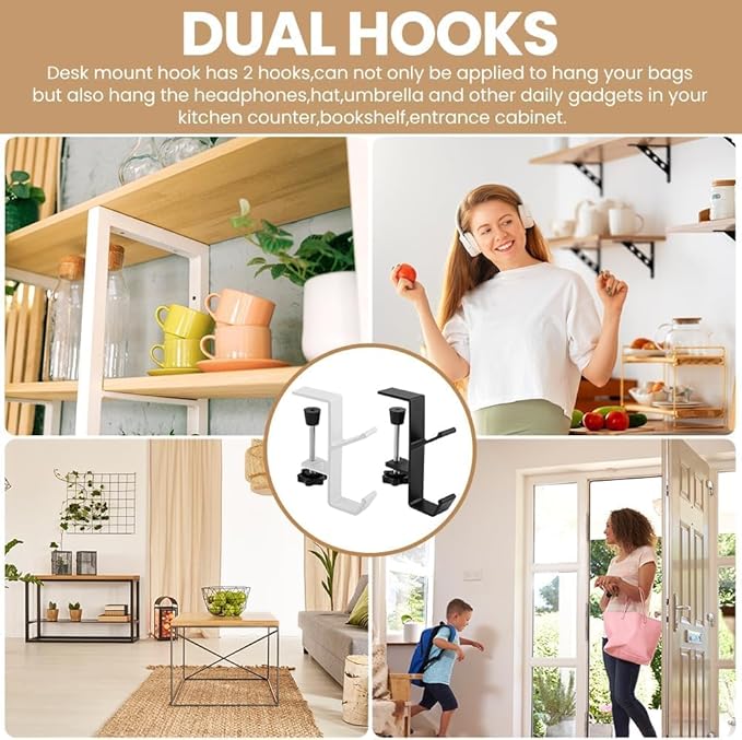 YUANQIAN Clamp-On Under Desk Headphone Holder Backpack Hook Students' Desk Hook with Adjustable Arm Clamp Women's Bag Handbag and Purse Holder -Suitable for Plate Between 1-5cm (4Pack White, 4)
