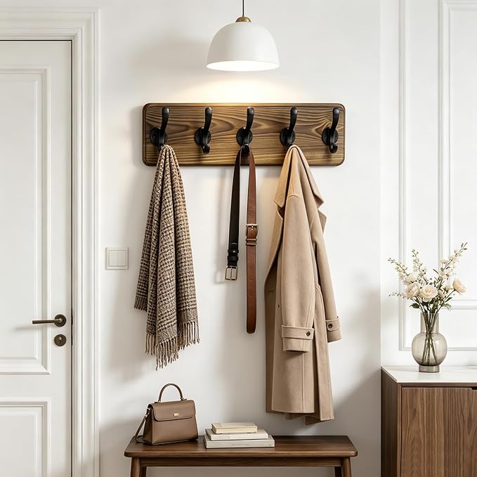 17" Coat Rack Wall Mount, Rustic Wall Mounted Coat Rack, Pine Solid Wood Coat Hook Hanger with 5 Metal Hooks- Wall Coat for Hanging Clothes Key Robes Towels Coats