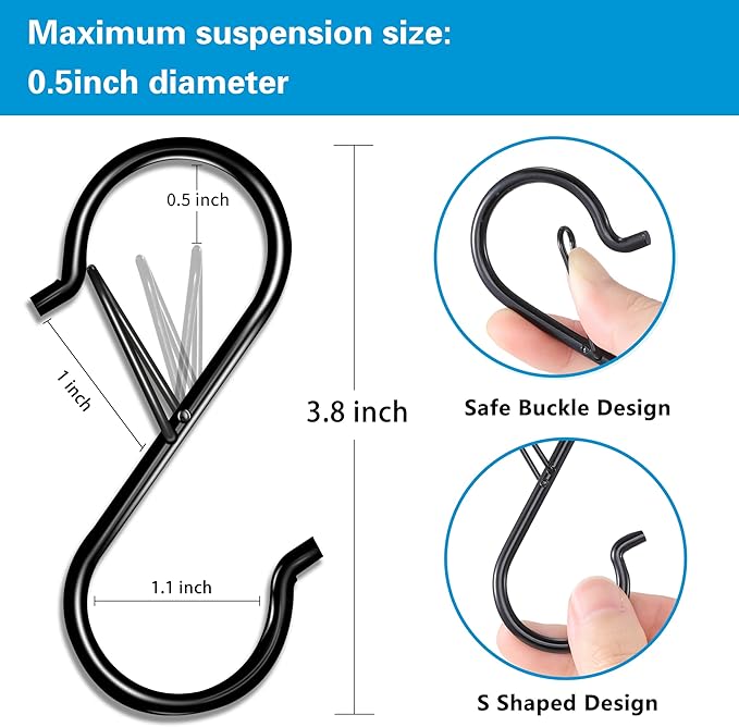 FSAH 35 Pcs S Hooks for Hanging Safety Buckle, 3.5 Inch Stainless Steel S Shaped Locking Hooks for Colleague Dorm, Kitchen, Plants Pots Towels Bags, Black