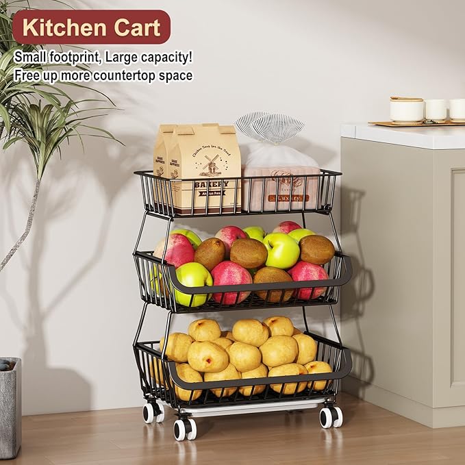 3-Tier Rolling Pantry Cart with Wheels, Stackable Wire Storage Floor Organizer for Kitchen Pantry Snack Shelves, Fruit Basket Stand, Vegetable Storage Rack for Food Snacks Onion Potato
