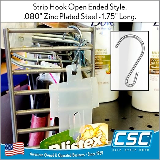 Clip Strip 100 Pack S Hooks for Hanging Displays in Retail, 1.8125" L, Open Ended Version, Use at Home Hanging Jewelry, Kitchenware, Keys, SH-50