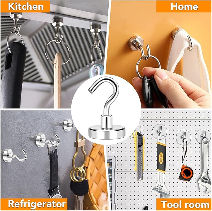 MIKEDE Magnetic Hooks 50Lbs Heavy Duty Earth Magnets with Hooks for Cruise Cabin Strong Magnet Hooks for Hanging Super Metal Magnetic Hanger for Grill Fridge Kitchen - Pack of 25