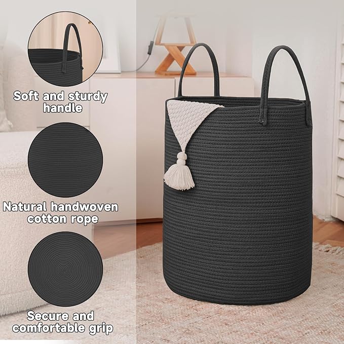 JMvicyroam Large Woven Laundry Basket Hamper,100L Cotton Rope Storage Bin for Blankets,Toys and Clothes,Decorative Tall Nursery Hamper for Living Room,Baby Nursery,Bathroom and Bedroom,Black