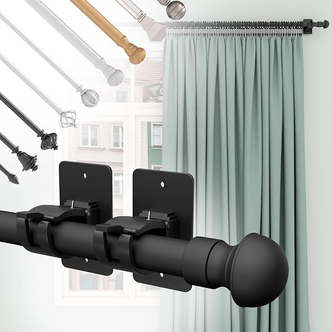 2 Pieces Self Adhesive Curtain Rod Bracket, Universal Plastic Curtain Rod Holders, No Drill Curtain Rod Brackets Curtain Rod Hooks for Bathroom, Bedroom, Livingroom, Kitchen (Black)