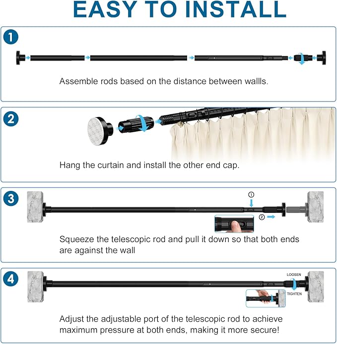 AIZESI 41-118 Inch Heavy Duty Black Tension Curtain Rod - No Drilling, Adjustable, Rust-Proof for Outdoor, Living Room, Bathroom