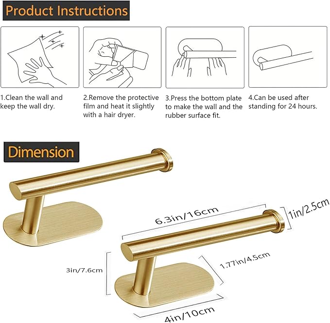 JOPOFI Toilet Paper Holder - Self Adhesive Toilet Paper Holder Wall Mount for Bathroom, Command Strip Stainless Steel Toilet Paper Roll Holder Stick On Wall, No Drilling - Brushed Gold(2 Pcs)
