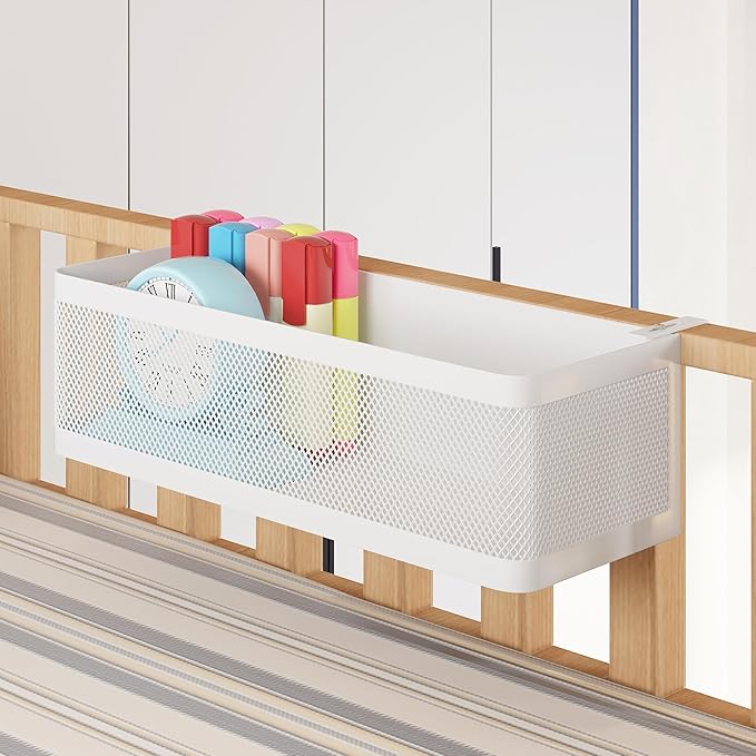Bedside Caddy Shelf for Bunk Bed, Office Cubicle Walls, Crib Rails, Dorm Bed College Dorm Room Essentials Bed Shelf for Cell Phone Headphone Magazine Snacks(White, L13.78in*W5.12in*H3.94in)