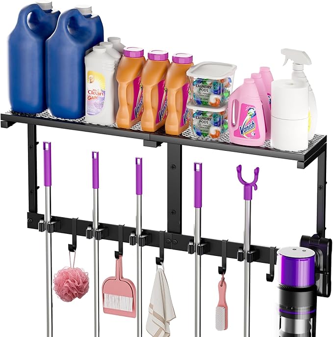 Heavy Duty Broom Holder Wall Mount with Cleaning Supplies Organizer, Space-Saving Laundry Room Organization and Storage Shelves, All-Metal Mop Hanger Broom Rack with Hooks, Garage Organizer Shelf