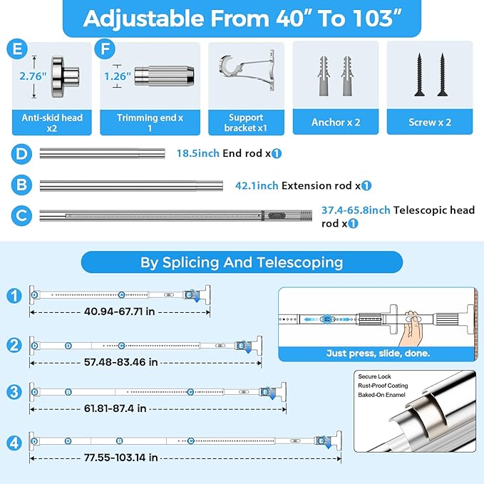 AIZESI 41-100 Inch Heavy Duty Silver Tension Curtain Rod - No Drilling, Adjustable, Rust-Proof for Outdoor, Living Room, Bathroom