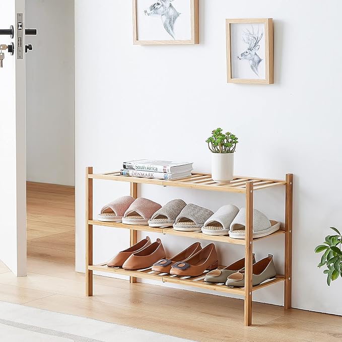 viewcare 6-Tier Bamboo Shoe Rack for Entryway, Stackable | Foldable | Natural, Shoe Organizer for Hallway Closet, Free Standing Shoe Racks for Indoor Outdoor