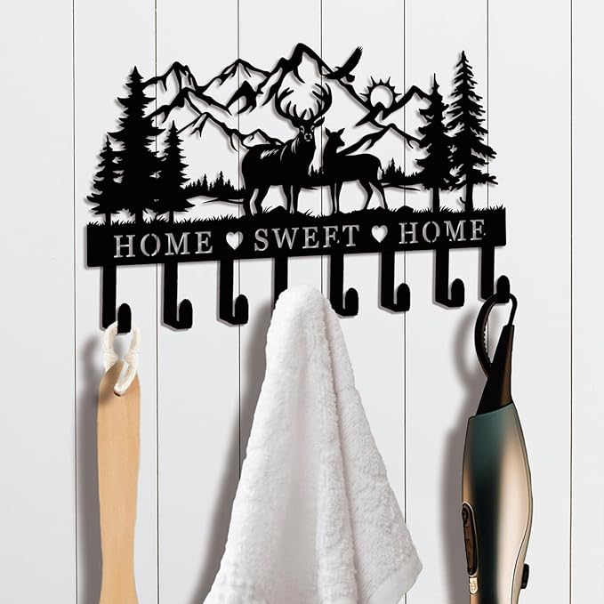 Deer Metal Key Holder for Wall, 14.5" X 9.2", Key Hooks for Wall Organizer, Key Rack, Forest Theme Coat Hat Towel Hooks, Ideal for Living Room, Hallway, Office