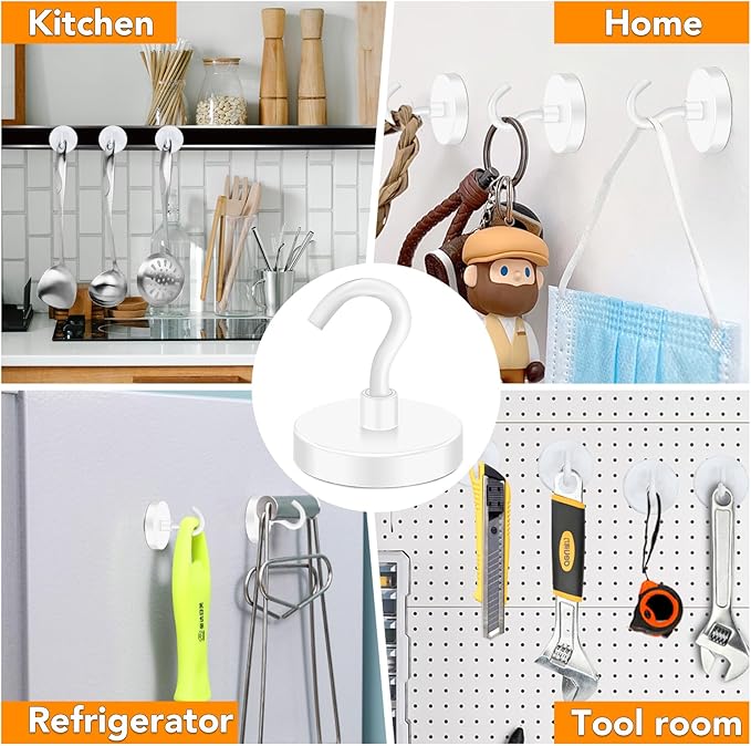 MIKEDE Magnetic Hooks Heavy Duty, 170LB Super Strong Magnetic Hooks for Cruise, Neodymium Earth Magnets with Hook for Hanging, Magnetic Metal Hanger for Fridge, Toolbox, Storage, (White, 4 Pack)