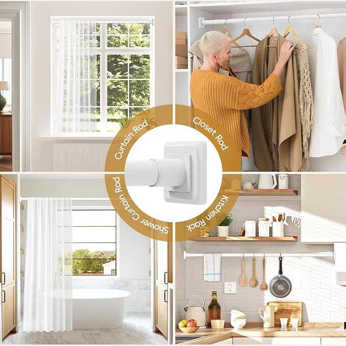 White Shower Curtain Rod,Spring Tension Curtain Rod 30-76”,No Drill or Screw Installation Shower Rod for Bathroom, Closet, Kitchen with Brackets