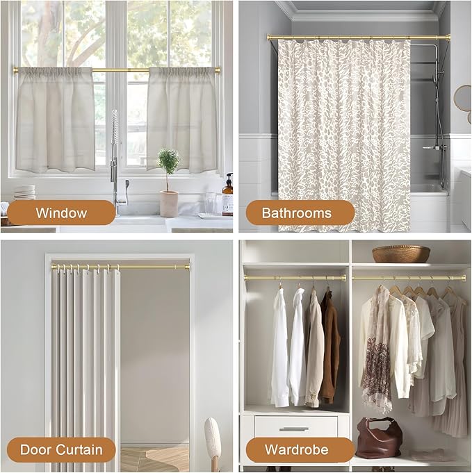 AIZESI Gold Tension Curtain Rod No Drilling 28-50 Inch 1PCS,Spring Tension Rod Non-Slip,Bathroom Shower Rod Non-Rust,Adjusatable Tension Rod For Windows Doorway Curtains