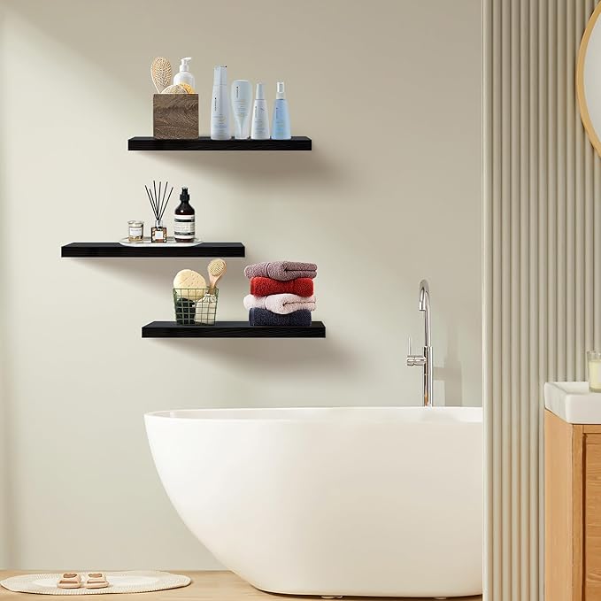 Upassion Floating Shelves for Wall Set of 3, 16" Black Wall Shelves for Home Decor, Frame Display Floating Shelf for Living Room, Bedroom, Bathroom, Kitchen
