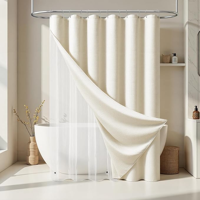 Dynamene Ivory Shower Curtain and Liner Set, Waffle Weave Fabric, Waterproof Clear Liner, 256GSM Heavy Duty Weighted Hotel Luxury Cloth Shower Curtains for Bathroom with 12 Plastic Hooks, 72Wx72H