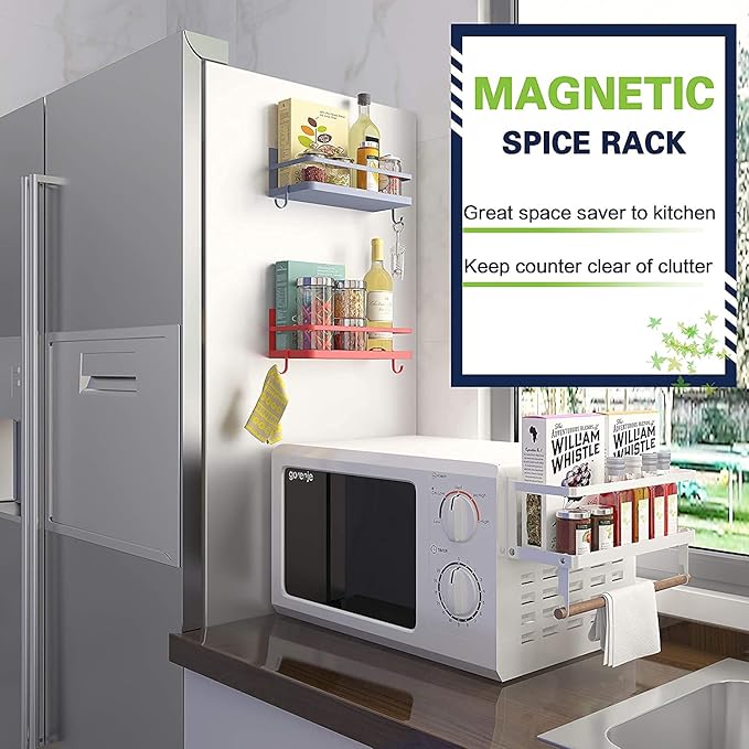 Magnetic Spice Rack Organizer Refrigerator Spice Storage Shelf(Red 2 pack with hook)