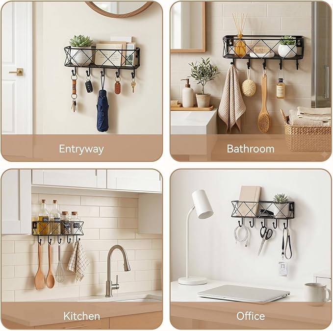 HappyHapi Key Holder for Wall Decorative, Entryway Key Hooks, Wall Mounted Key Rack with 5 Hooks, Metal Wire Mesh Basket Mail Holder, 9.8”Lx2.1”Wx4.1”H