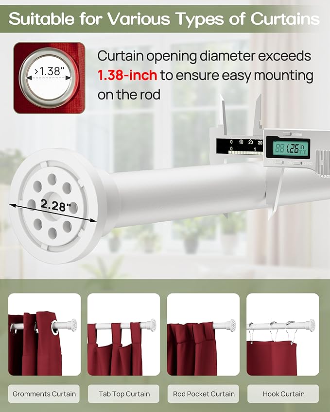 ALLZONE Tension Curtain Rod for Windows,123 to 160 Inch, Heavy Duty Extra Long Curtain Rods, Non-Slip Bathroom Shower Tension Rod, Renter Friendly, Adjustable, Spring Loaded, White
