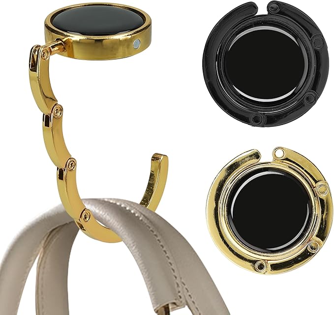kwmobile Purse Hook for Table - Set of 2 Purse Holder - Folding Handbag Hanger - Portable Bag Holder - Bag Hooks for Desk - Table Hook Black/Gold