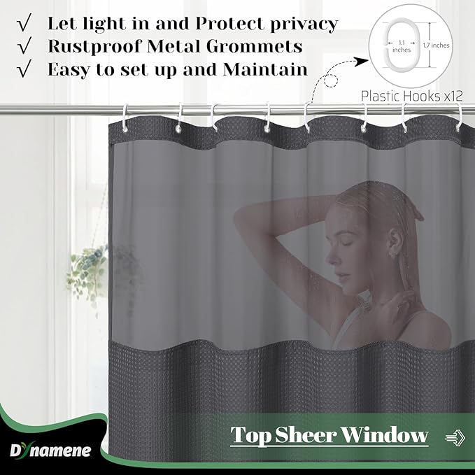 Dynamene Extra Long Shower Curtain, 84 Inch Long Waffle Fabric Shower Curtain for Bathroom, Tall Waterproof Cloth Shower Curtain Set with Hook, Snap in Liner, Mesh Top Window, Charcoal Grey, 72x84