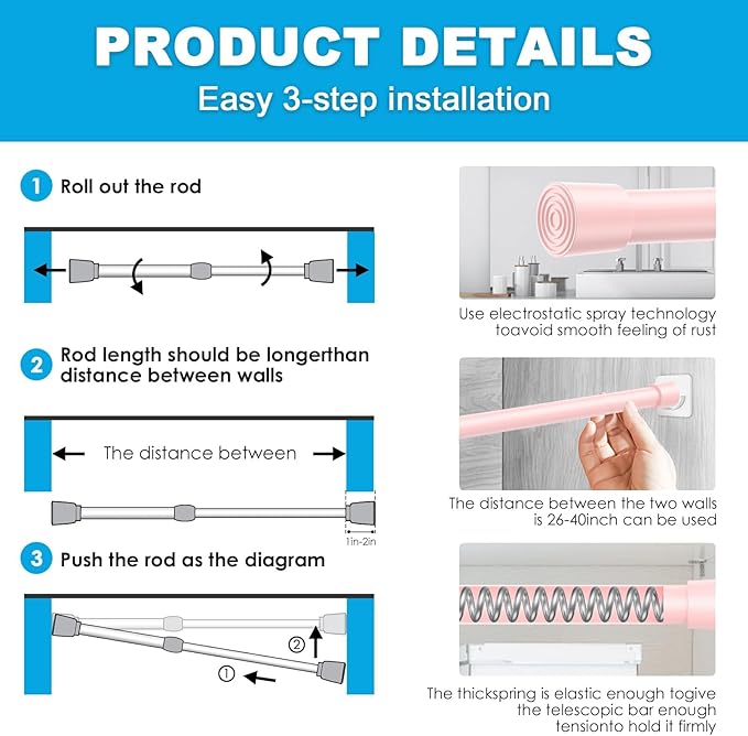 1Pcs Spring Tension Curtain Rod 26-39 inch Spring Tension Rods Pink Tension Rods Adjustable Spring Rod Extendable Tension Rod For Kitchen, Bathroom, Window