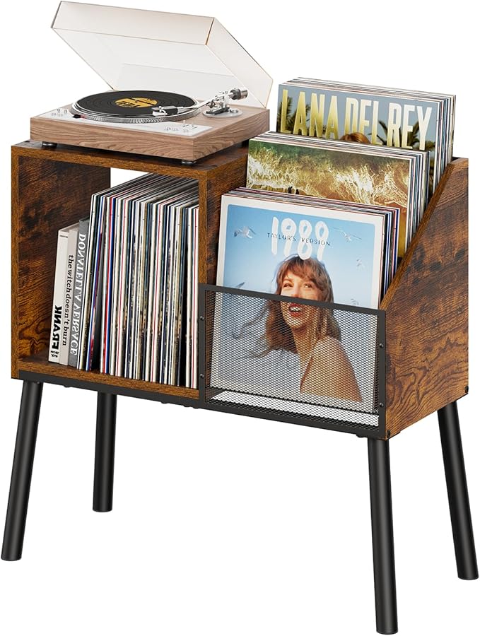 Record Player Stand with Storage, 3-Tier Step Vinyl Record Storage Holder up to 200 Albums, Small Vintage Record Player Table, Turntable Stand Recordsfor Living Room, Bedroom