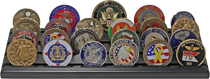 DisplayGifts Challenge Coin Display Stand 4 Row Wooden Holder Rack Case Holds 28 Coins Black Finish