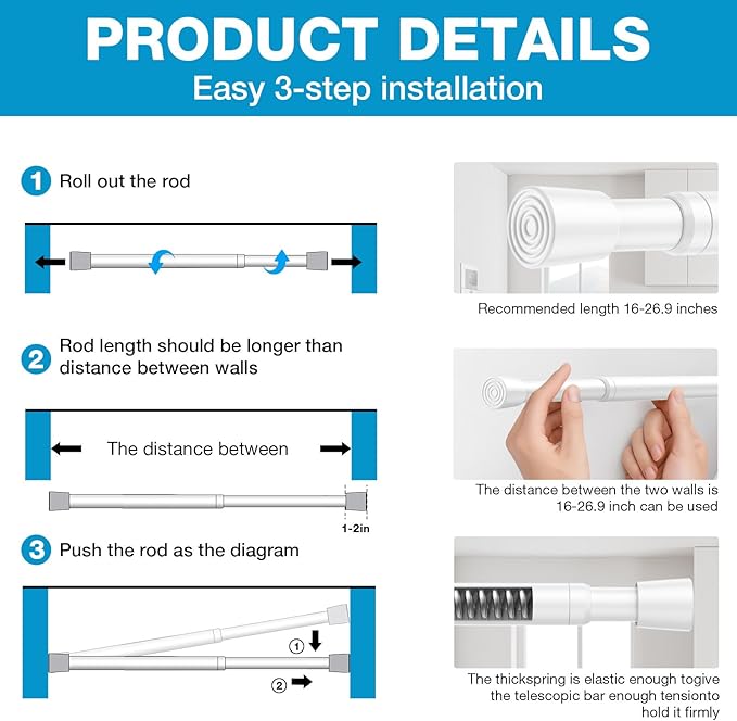 6pack White Tension Curtain Rod 16-26.9 inch Spring Tension Rod Curtain Rod Adjustable Spring Rod Extendable Tension Rod for Kitchen, Bathroom, Window, Closet.