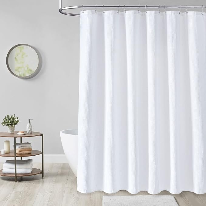 Dynamene Stall Fabric Shower Curtain - 48 inch Wide Waffle Weave Weighted Thick Cloth Shower Curtain for Bathroom, Neutral Heavy Duty Hotel Spa Luxury Bath Curtain Set with 8 Hook, 48x72, White