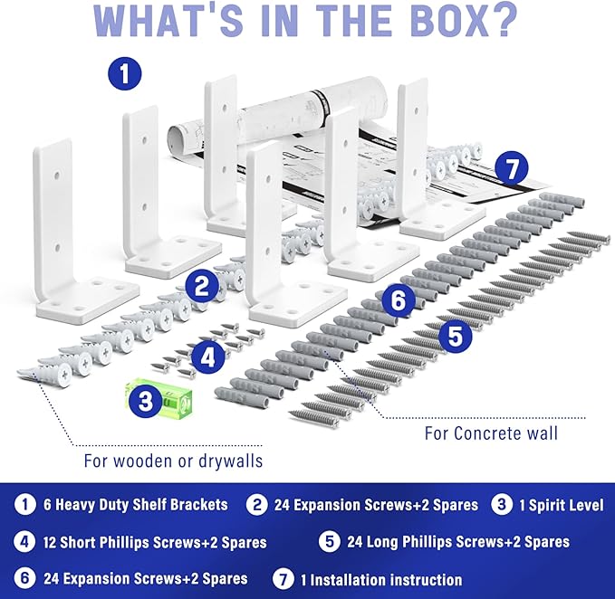 Goovilla Shelf Bracket, Heavy Duty Floating Shelf Brackets 4 inch Long, 6 Pack Brackets for Shelves, White Coated Metal Wall Shelf Support Brackets with 1/5 Inch Thick and 160 lb. Load Capacity