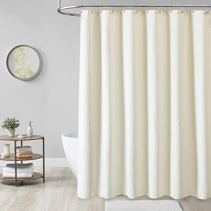 Dynamene Ivory Fabric Shower Curtain - Waffle Textured Heavy Duty Cloth Curtains for Bathroom, 256GSM Hotel Luxury Weighted Polyester Bath Curtain Set with 12 Plastic Hook, 72Wx72H,Cream/Ivory