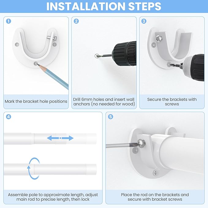 Closet Rods for Hanging Clothes, 17 to 84 Inch Heavy Duty Stepless Adjustable Closet Hanging Rod, 1.3 Inch Diameter Metal Closet Rod for Wardrobes Laundry Bedroom RV, White