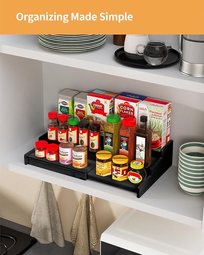Spice Rack, 3-Tier Expandable Bamboo Spice Rack Organizer for Cabinet - Kitchen, Pantry and Cupboard Storage Organizer-Black