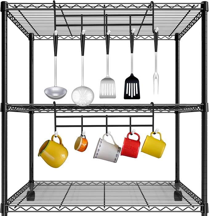 CroBlissful 2 Pcs 5 Hook Attachment for Wire Shelving 1.5 x 12 x 4 Inch Hanging Hooks Rack Wire Chrome Plated Steel Shelf Accessories Metal Hook Bars for Storage Display Organizer (Black)