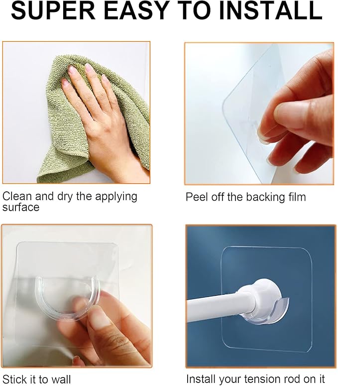 Venupple Spring Tension Rod Holder, 4 Packs 1.18 Inches Small Transparent Shower Rod Bracket No Drilling, Small Adhesive Tension Curtain Rod Retainer Shower Curtain Rod Holder