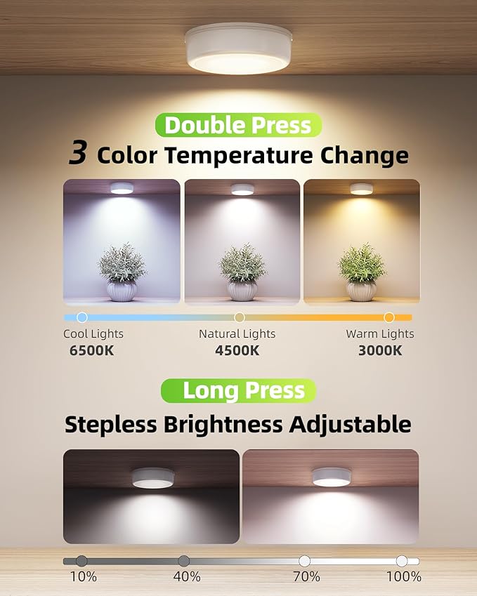 EZVALO LED Puck Lights, 6Pack Rechargeable Battery Touch Light, 2.5'' Mini Tap Lights, Wireless Closet Light, Under Cabinet Lighting, 3 Color & 83 RGB, Sitck On Lights for Kitchen,Pantry,Shelves