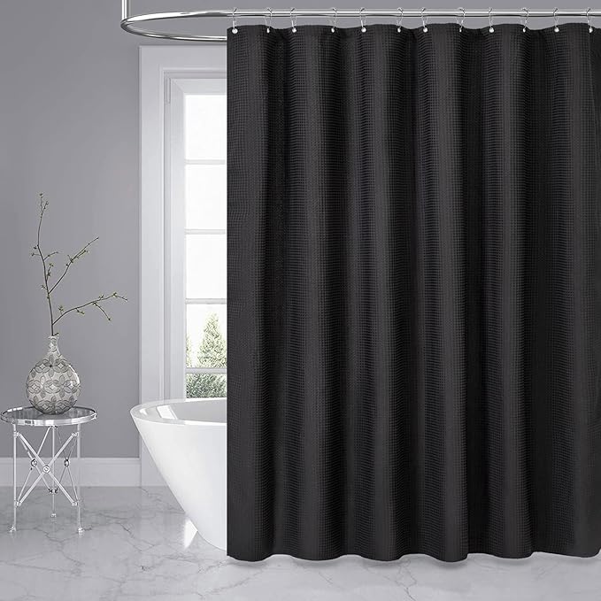 Dynamene Stall Fabric Shower Curtain - 60 x 84 inch Long Waffle Weave Weighted Thick Cloth Shower Curtains for Bathroom, Neutral Heavy Duty Hotel Spa Luxury Bath Curtain Set with 10 Hooks, Black