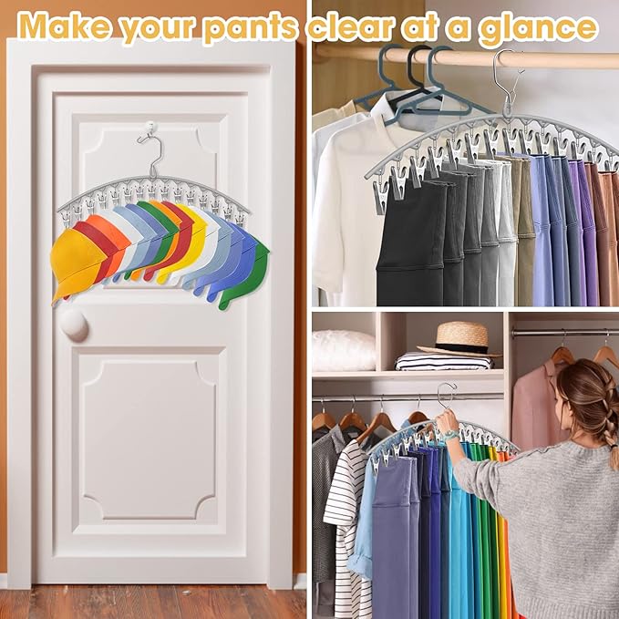 3 Pack Skirt Pants Hangers with Clips, Legging Organizer for Closet Hanging with 10 Cilps Holds 30 Leggings/Shorts/Jeans/Skirts Pants Hangers Space Saving Closet Organizers and Storage, Grey