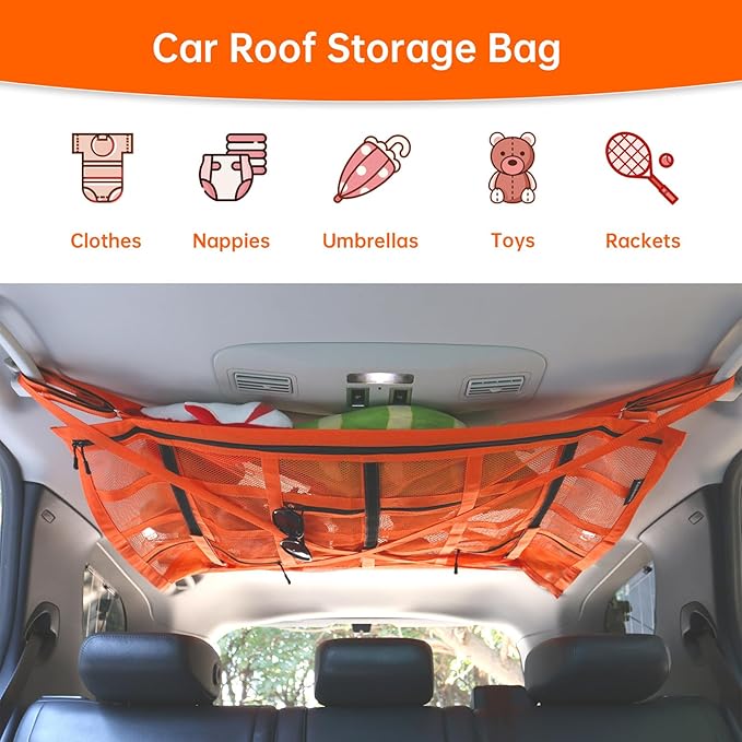 SUV Car Ceiling Cargo Net with Adhesive Straps,Double-Layer Mesh Car Roof Net Storage for Truck, Van,Travel Long Road Trip Camping Interior Accessories 39.3 X 23.6 Inch,Orange