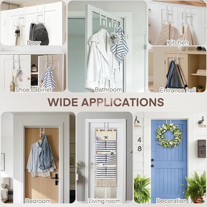 FYY 4 Packs Over The Door Hooks, Double Sided Door Hanger Hook - Heavy Duty No Drill Wall Hooks for Hanging Coats, Towels, Bags, Kitchen Closet Fits Most Doors Up to 1-7/8" Thickness (5.12" L, White)