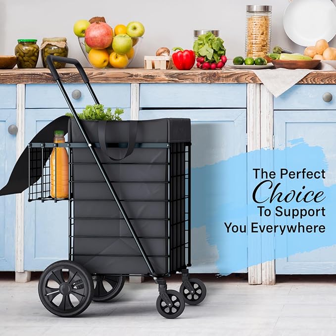 Our Modern Space Shopping Cart w/Waterproof Basket Liner & Large 360° Swivel Wheels | Foldable Collapsible & Lightweight | Perfect for Groceries Laundry Utility Cart - Black