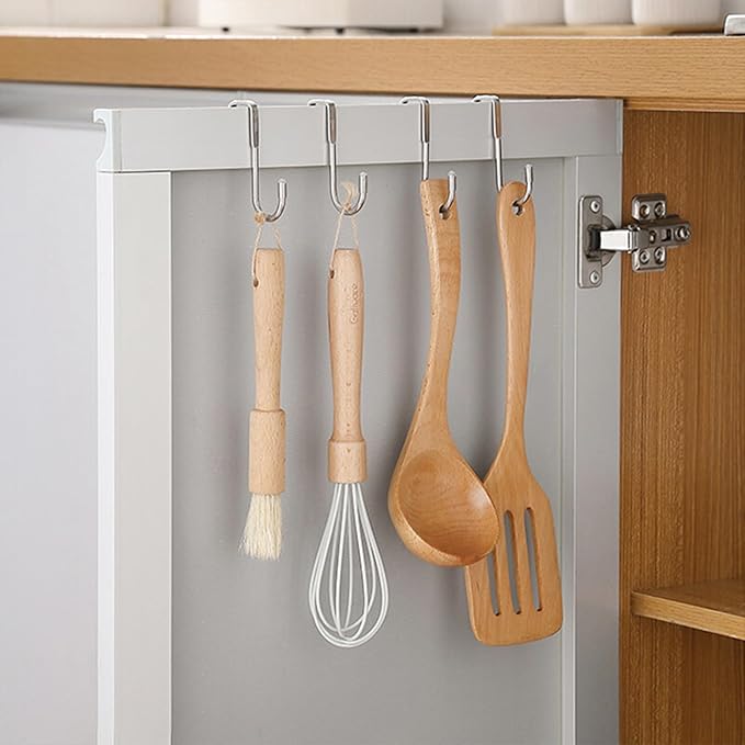 Over The Door Hooks, Stainless Steel Double Hooks, No Drill Cabinet Hooks for Kitchen Cabinet, Bathroom, Wardrobe, Office, Dormitory (6pcs)