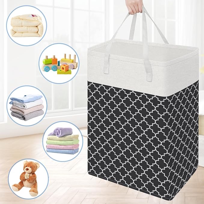 BlissTotes 3-Pack Laundry Basket, Freestanding&Waterproof Laundry Hamper, Collapsible Tall Clothes Hamper with Easy Carry Handles for Clothes, Towels in the Family and Dorm,Clover Black,75L